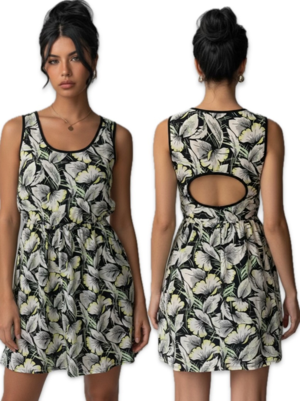French Connection Black Floral Tank Dress Viscose Cut Out Back Summer Sun Dress